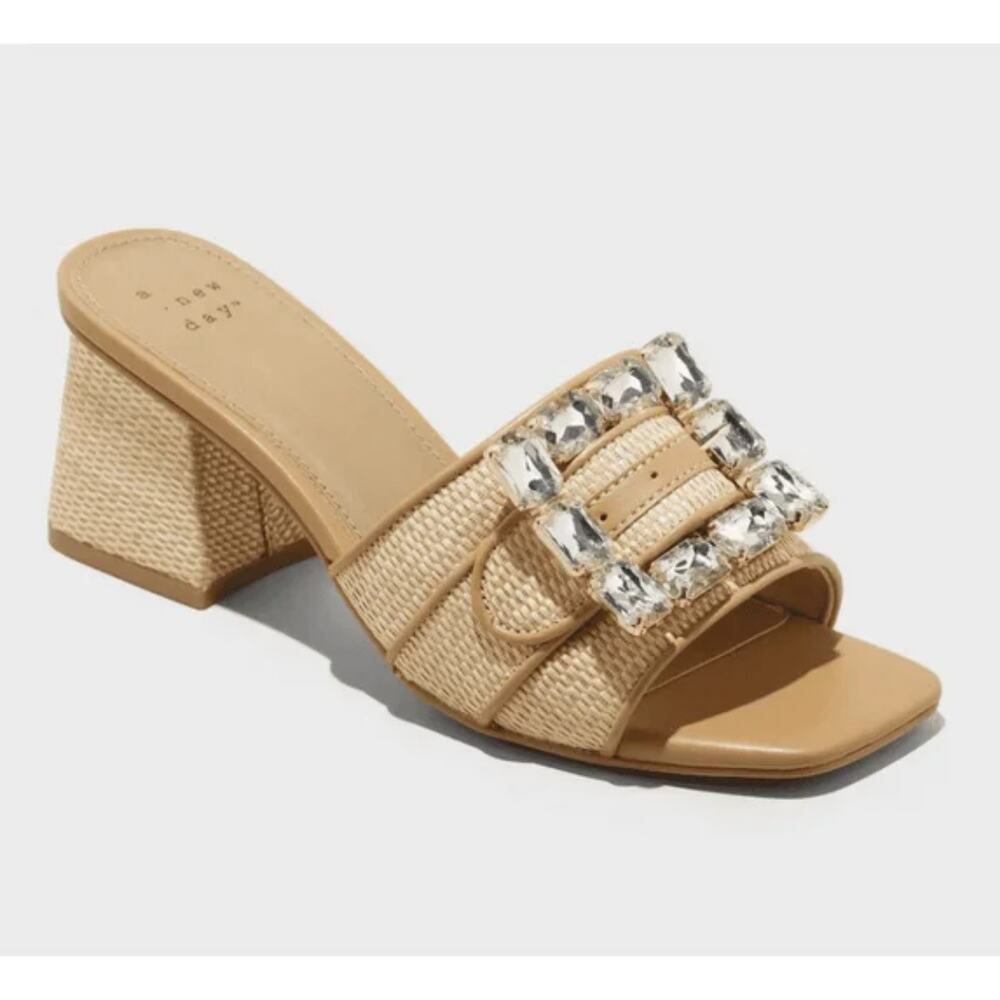 A New Day Kathleen Raffia Buckle Block Heels Beige 7.5 NWT
